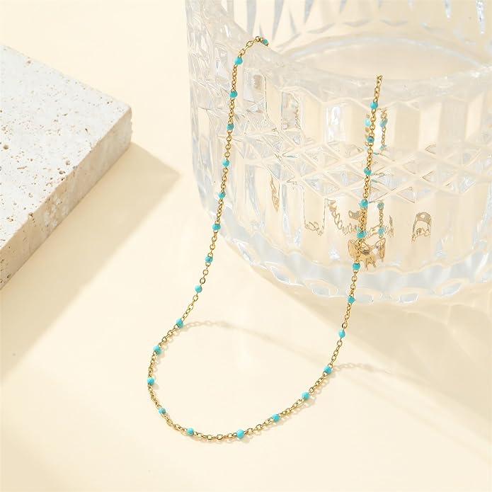 Gold Chain Necklace for Women Dainty 18K Gold Plated Thin Satellite Beaded Turquoise Necklace Simple Gold Boho Jewelry