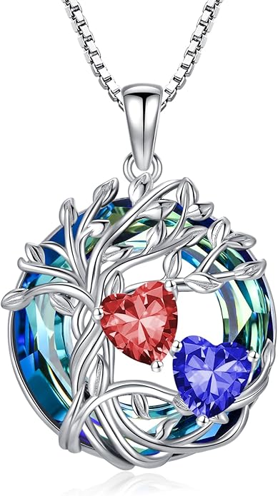 TOUPOP s925 Sterling Silver Family Celtic Tree of Life Pendant Necklaces with 2 Heart Birthstone with Blue Austrian Crystal Jewelry Birthday Anniversary Christmas Gifts for Her Wife Girlfriend Mom (18K Real White Gold Filled)