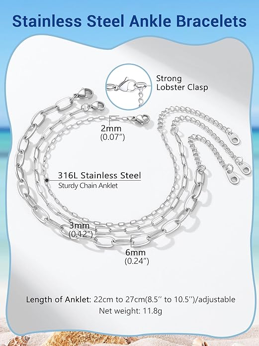 PROSTEEL Stainless Steel Chain Anklets for Women, Silver/Gold Tone, Ankle Bracelets Hypoallergenic, 8-10.5 Inch Adjustable, Come with Box