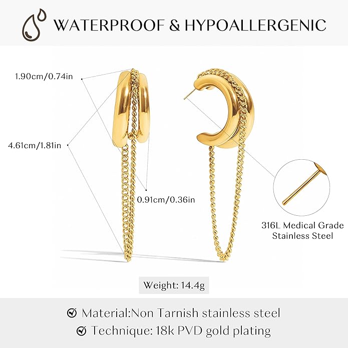18K Gold Plated Hoop Earrings Gold and Silver Trendy Two Tone Dangling Chain Earrings,Waterproof Stainless Steel Hypoallergenic Earring,Statement Earrings for Daily Wear,Party,Birthday Jewelry Gifts