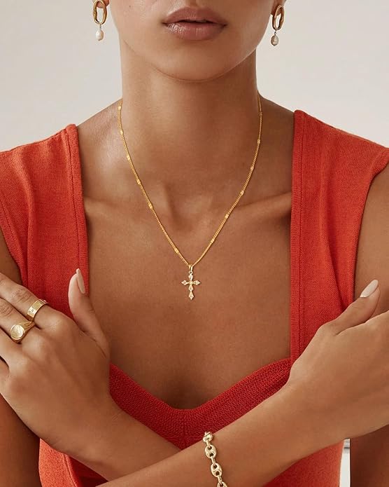 Cross Necklace for Women Dainty 14K Real Silver Gold Plated Layered Cross Pendant Necklace Stack Simple Trendy Cute Charm Choker Necklaces Jewelry Gift for Women Teen Her