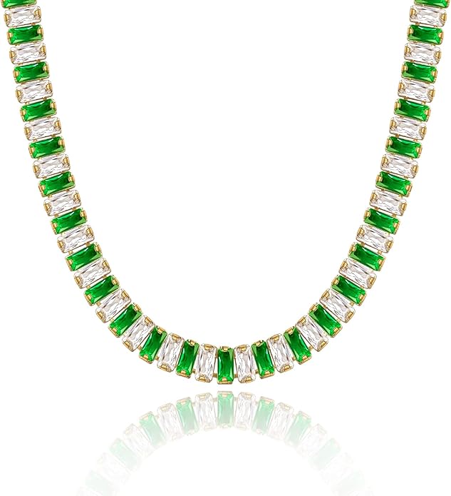 KissYan Diamond Tennis Necklace for Women, 14K/White Gold Plated Cubic Zirconia Baguette Tennis Chain Chunky Paperclip Link Cuban Choker Necklace Dainty Jewelry Gifts