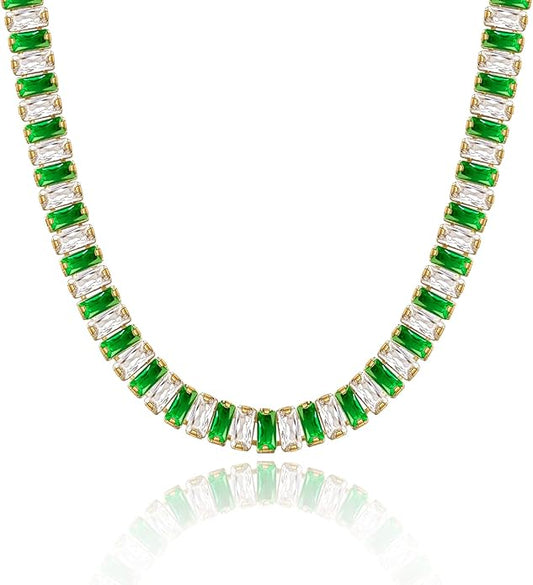 KissYan Diamond Tennis Necklace for Women, 14K/White Gold Plated Cubic Zirconia Baguette Tennis Chain Chunky Paperclip Link Cuban Choker Necklace Dainty Jewelry Gifts