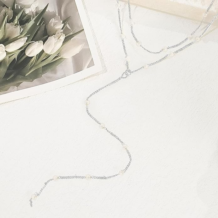 Lariat Gold Necklace for Women, Dainty Long Necklace 14k Gold Plated/Silver Y-Shaped Layered Beaded Chain Drop Necklaces for Women Trendy Simple Gold Jewelry for Women Gifts