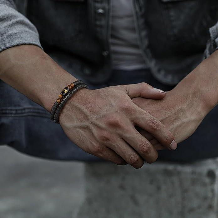 LUXEJEW Gifts for Men - Mens Bracelet, Beaded Leather Initial Bracelet 6mm Matte Agate Stone Handmade Bracelets Adjustable Stainless Steel Magnetic Clasp Mens Jewelry Gifts