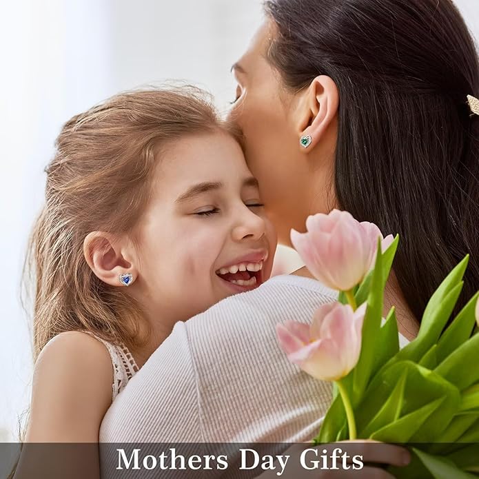 Iefil Birthstone Earrings for Women, 925 Sterling Silver Heart Stud Earrings Birthday Gifts for Women