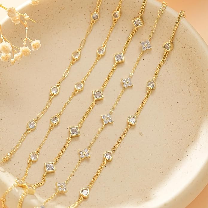 Gold Bracelets for Women,14K Dainty Gold Plated Bracelets Non Tarnish Waterproof Diamond Bracelets Heart Flower Round Square CZ Charm Bracelet Trendy Stuff Jewelry Gifts for Her