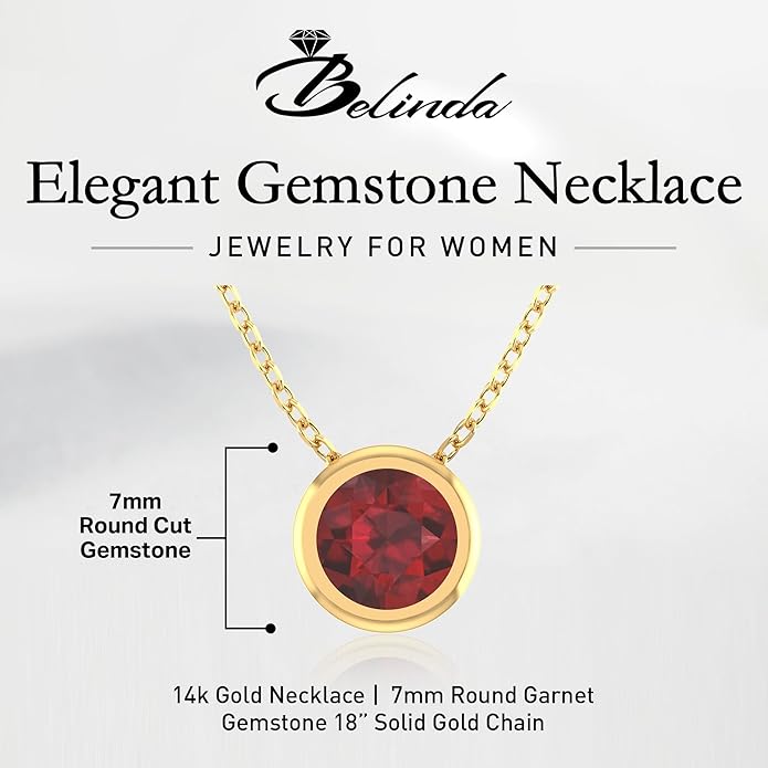 14K Gold Necklace for Women - 7mm Round Natural Gemstone Pendant with 18" Gold Chain - Trendy Birthstone Statement Fine Jewelry - Yellow Gold, Elegant Women's Accessories