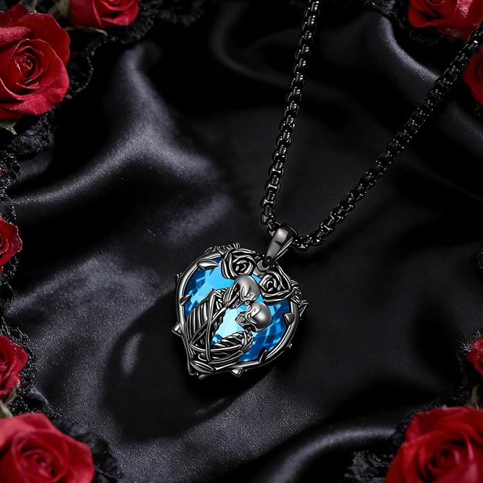 Flpruy 925 Sterling Silver Black Gothic Jewelry Gifts Skeleton Couple Pendant Crystal Birthstone Heart Necklace Punk Romantic Jewelry for Lover Men Women