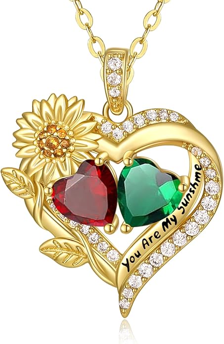 Sunflower Heart Necklace for Women 14K Gold Exquisite Anniversary Birthday Gifts for Wife Mother Her Double Birthstone Pendant jewelry‘You Are My Sunshine’