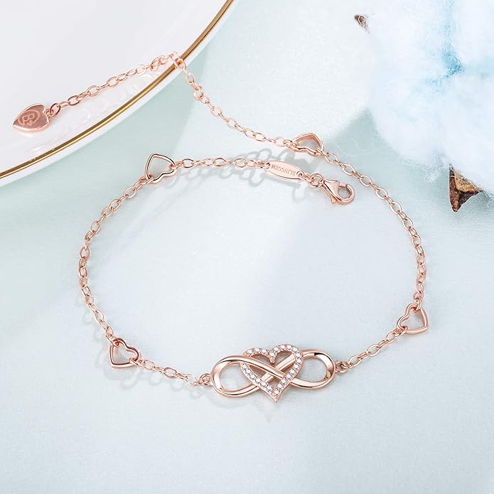 BlingGem Anklets for Women 925 Sterling Silver Infinity Hear Ankle Bracelet Cubic Zirconia Rose Gold Summer Beach Stylish Foot Chain Summer Vacation Jewelry Gift for Mom Women