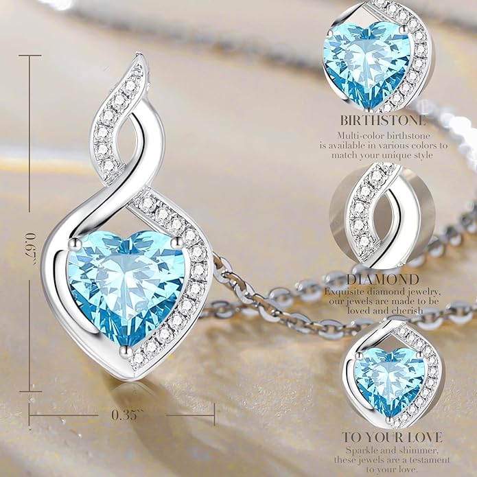 FANCIME 14K Solid White Gold Heart Birthstone Necklace with Diamond Pendent Birthday Gifts for Mom Women, Sterling Silver Chain 16" + 2" Extender