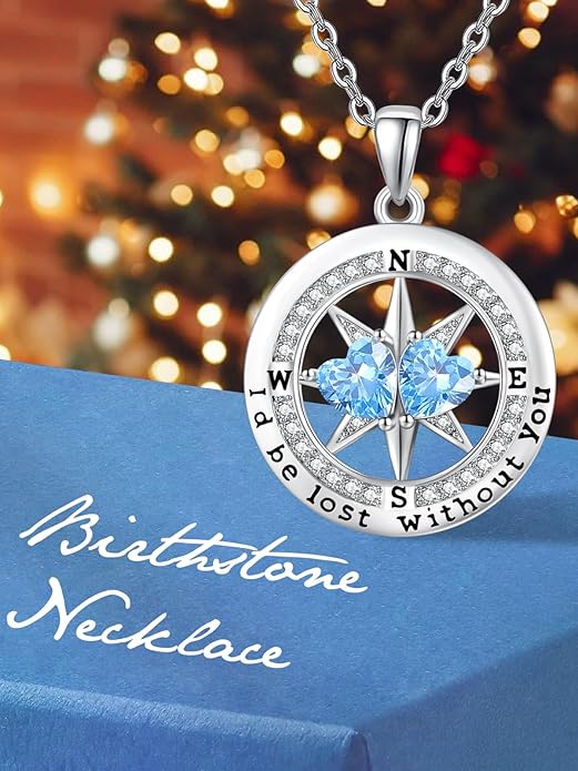 Compass Birthstones Necklace for Women, Exquisite Anniversary Birthday Gifts for Wife Her Double Birthstone Pendant jewelry ‘I'd be Lost Without You’