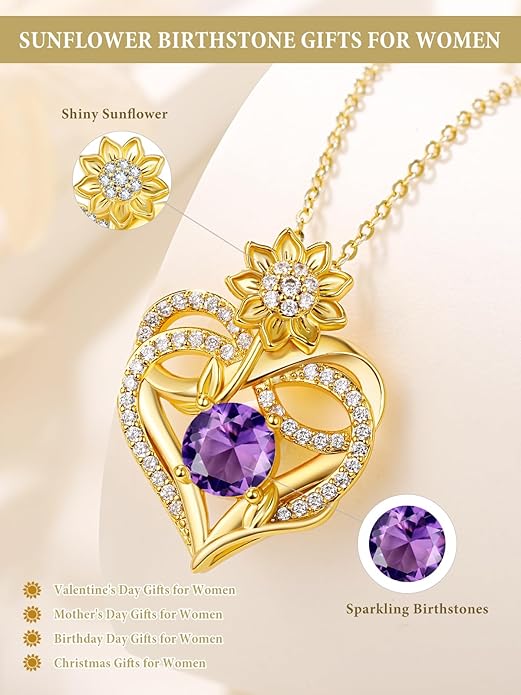 14K Gold Sunflower Birthstone Necklace for Women Infinity Love Heart Necklace Christmas Valentines Mothers Day Anniversary Birthday Gifts for Her Mom Wife Girlfriend Daughter
