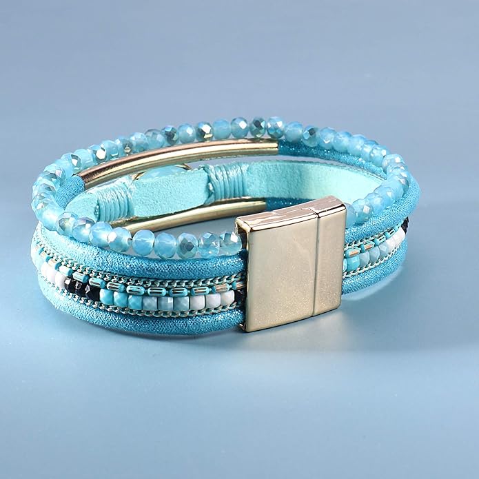 FANCY SHINY Leather Wrap Bracelets Crystal Beads Bracelet Boho Cuff Stone Charm Bracelets with Clasp Costume Jewelry for Women