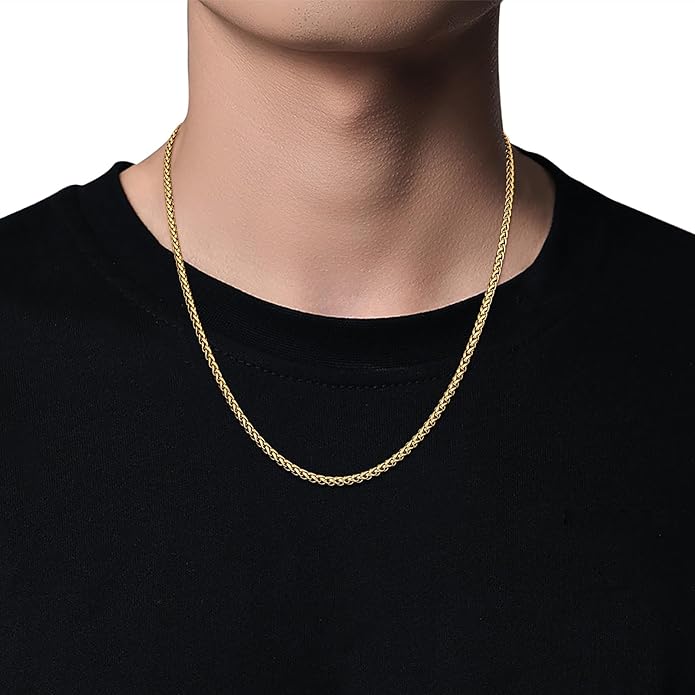 Fiusem Wheat Chains for Men and Women, 2/2.5/3/4/5mm Silver Tone/14K Gold Plated/Black Necklace Chain, Stainless Steel Mens Necklace 16-28 Inch