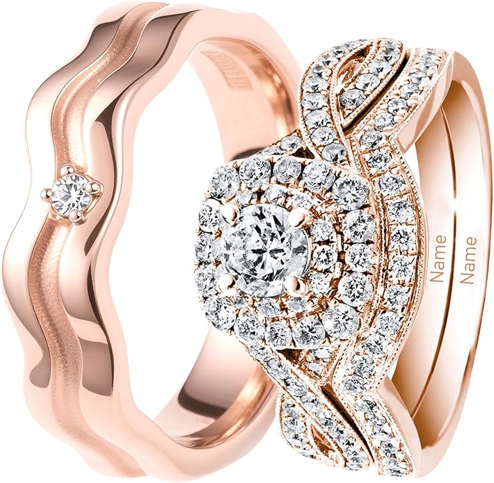 Rikelus Moissanite Engagement Ring Sets for Couples,10K 14K 18K Solid Gold Heart/Princess/Round Cut Bridal Ring Sets,Customized Matching Wedding Bands Set for Men and Women Free Engraving