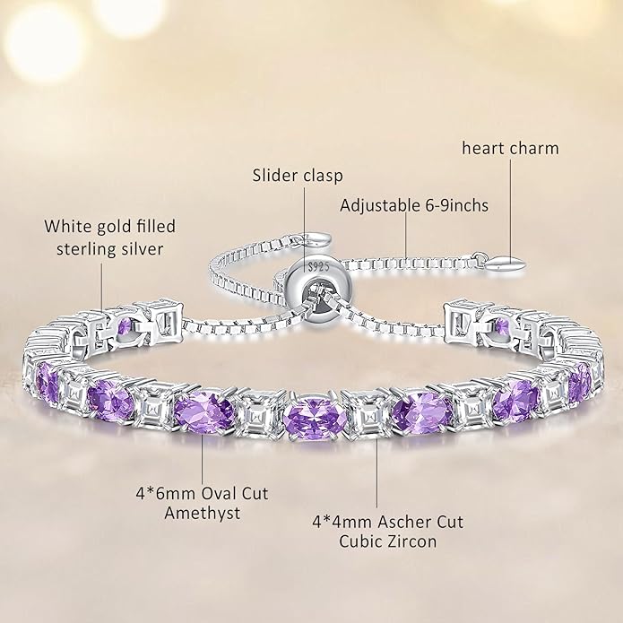 Sterling Silver Birthstone Bracelets for Women White Gold Tennis Bracelets Adjustable Chain 6-9 Inchs Jewelry Hypoallergenic Anniversary Birthday Gifts for Women Mom Wife Her