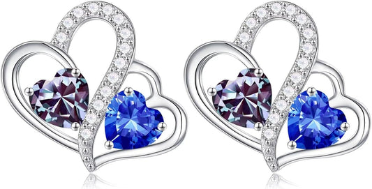 Iefil Valentines Day Gifts for Her - Birthstone Earrings Gift for Women, 925 Sterling Silver Double Heart Birthstone Earrings | Anniversary Birthday Gifts for Women, Personalized Jewelry for Wife Mom