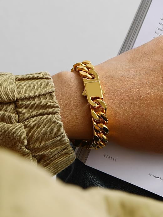 Bestyle Thick Mens Cuban Link Chain Bracelets, Durable Real 18K Gold/Black Metal Plated Solid Stainless Steel Hand Chain Cuban Bracelets for Men, Silver Black Gold Bracelets for Father Husband