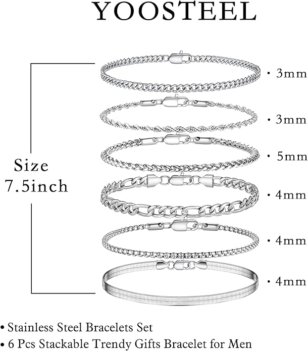 Yoosteel Mens Bracelets - Silver Chain Bracelet Stainless Steel Cuban Link Stack Bracelets Sturdy Rope Paperclip Chains Set 7.5/8.3/9 inches Trendy Jewelry for Men