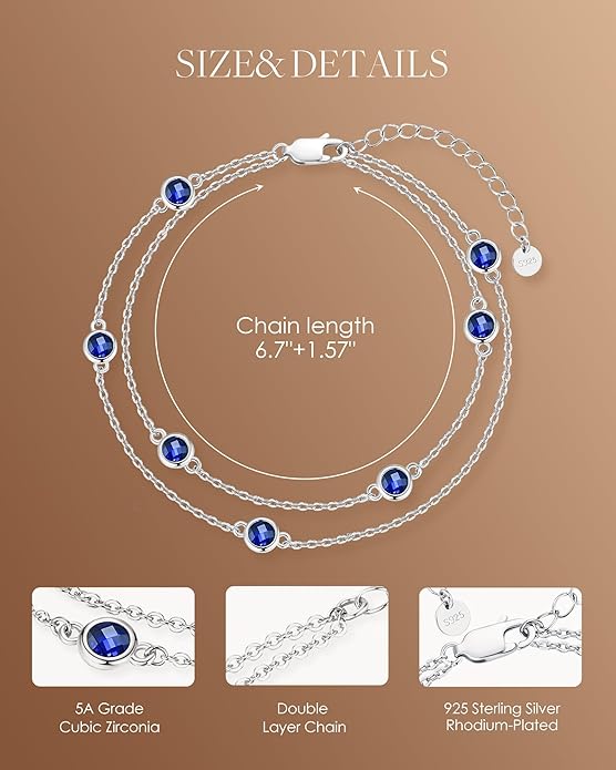 LOUISA SECRET Birthstone Bracelets for Women, 925 Sterling Silver Charm Link Double Strand Bracelet, Birthday Anniversary Christmas Jewelry Gifts for Wife Girlfriend Mother her…