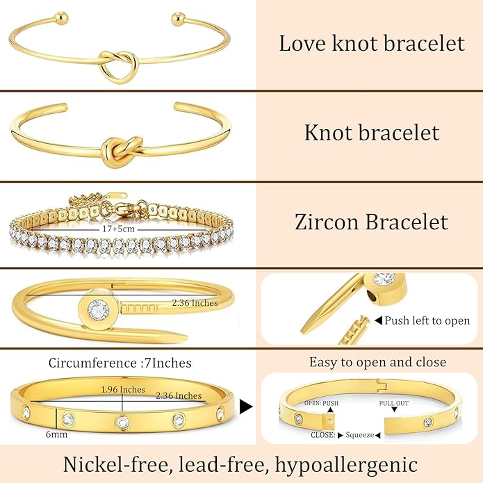 FAFUGA 18 K Gold Plated Love Bangle Bracelet Stack Cuff Jewelry for Women Jewelry Set for Women Gift with Box