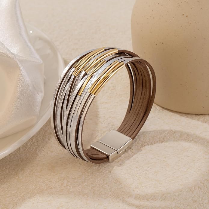 ENGCKSHI Wrapped Bracelets for Women,Leather Bracelet,Boho Bracelets for Women,Multi-Layer Pearl Crystal Bracelet Bangle Jewelry