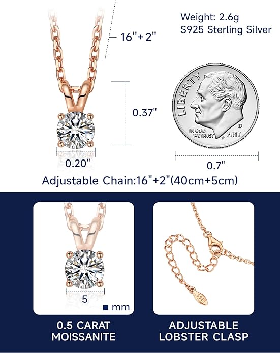 MomentWish Moissanite Solitaire Pendant Necklaces for Women Sterling Silver 0.3/0.5/1/2-Carat D Color VVS1 Clarity Mossanite Jewelry for Women