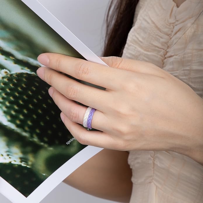 Egnaro Women's Silicone Stackable Rings 3.5mm Wide 2mm Thick, Rubber Flexible Hypoallergenic Wedding Bands For Workout Leaf Braided Fashion