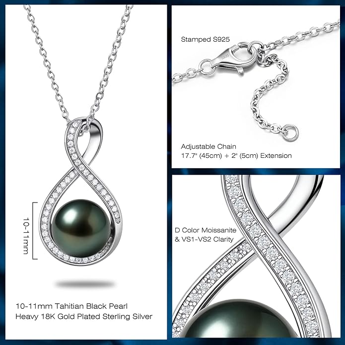 Genuine Tahitian Black Pearl Necklaces for Women, 9-12mm AAAA Seawater Pearl - Sterling Silver Moissanite Pendant, Wedding Anniversary, Birthday, Christmas Gift for Wife, Mom, Girlfriend, Fine Jewelry