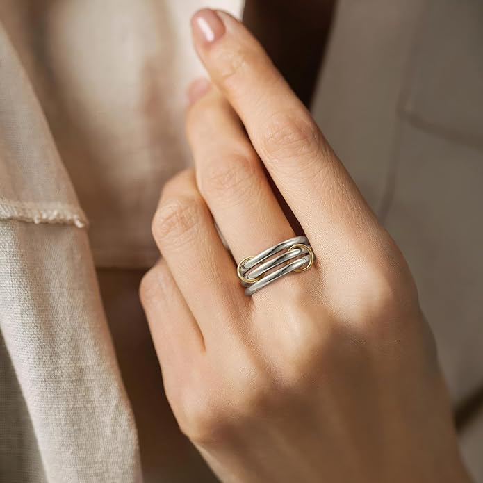 Emibele 14K Gold Plated Stackable Rings for Women, Interlocking Non Tarnish Gold Rings, Silver Dainty Cubic Zirconia Bands, Two-Toned Mixed Metal Stacking Band, Trendy Jewelry Gifts for Women