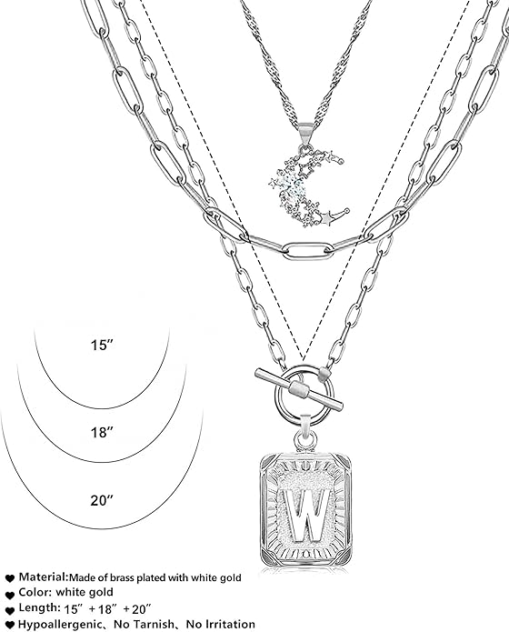 MJartoria Layered Initial Necklaces for Women Trendy, 14K Gold Plated Brass Simple Moon Choker Square Letter Pendant Necklace, Paperclip Chain Necklaces Jewelry Gifts