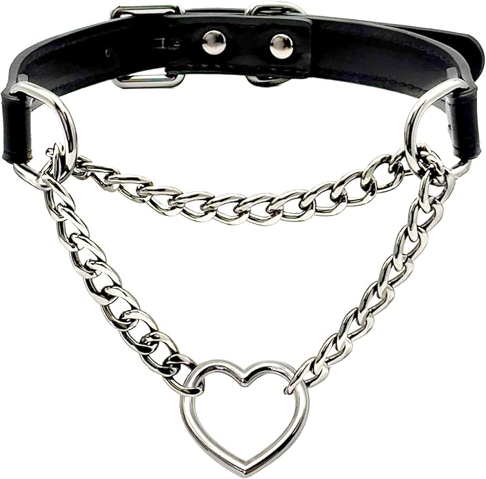 Black Leather Choker Collar For Women, Handmade Heart Slip Chain Choker Long Necklace with Adjustable Buckle