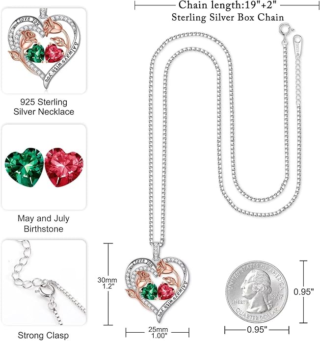 Iefil Birthstone Necklace for Women - 925 Sterling Silver Rose Heart Birthstone Necklace Birthday Anniversary Jewelry Gifts for Her Wife Mom Daughter