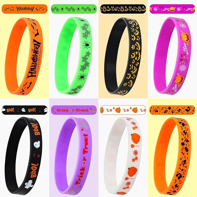 JUNEBRUSHS 64pcs Halloween Party Favors Silicone Bracelets Rubber Wristbands for Halloween Party Trick or Treat Goodie Bag Stuffers Fillers Decorations Accessories Supplies(8 Designs)