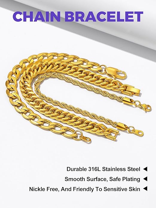 Richsteel 2PCS/3PCS Bracelets Chain for Men Women Stainless Steel Silver/Gold/Black Cuban/Rope Link Chain Bracelets Set, 7.4/8.2/9 Inch Hand Chain Length for Men Women Jewelry