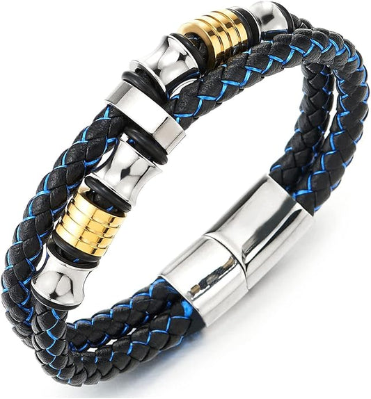 COOLSTEELANDBEYOND Mens Double-Row Braided Leather Bracelet Bangle Wristband with Stainless Steel Ornaments