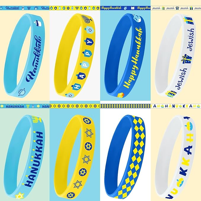 JUNEBRUSHS 64pcs Hanukkah Party Favors Silicone Bracelets Rubber Canukkah Rubber Wristbands for Hanukkah Party Gift Fillers Decorations Supplies(8 Designs)