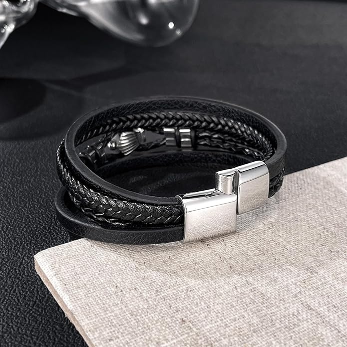 Italian Handmade Genuine Leather Bracelets for Men Stainless Steel Clip, Men's Casual Genuine Multi-layer Cuff Bracelet, Bracelet Gift for Real Men
