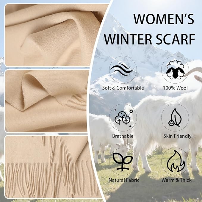WASALUYA Wool Scarf for Women & Men, 100% Wool Scarves Wrap Shawl with Tassels, Elegant Soft Winter Scarf for Fall and Winter
