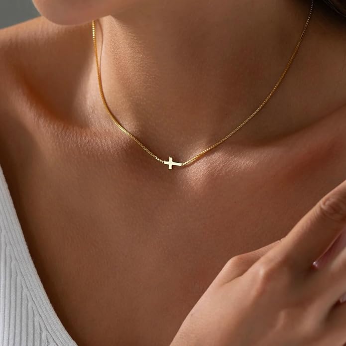 Cross Necklace for Women 14K Gold Silver Plated Dainty Small Cross Pendant Choker Simple Trendy Cute Cross Charm Chain Necklace Easter Basket Stuffers Baptism Religious Faith Jewelry Gift