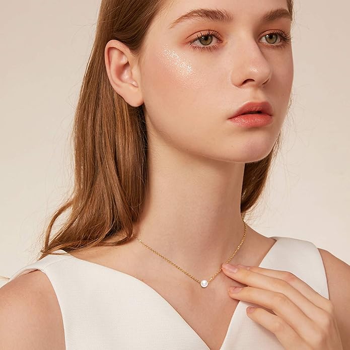 14K Yellow Gold Pearl Necklace for Women, Real Gold Durable Box Chain with Single Cultured Pearl Pendant Necklace Anniversary Birthday Gift for Her, Wife, Mother, Girl 18 Inch