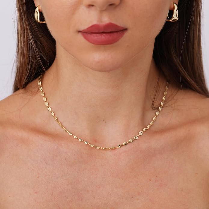 14K Gold Necklace for Women, Womens Dainty Chain Necklace Plated Shining Dots Satellite Choker Box Chain, Women Layering Necklaces