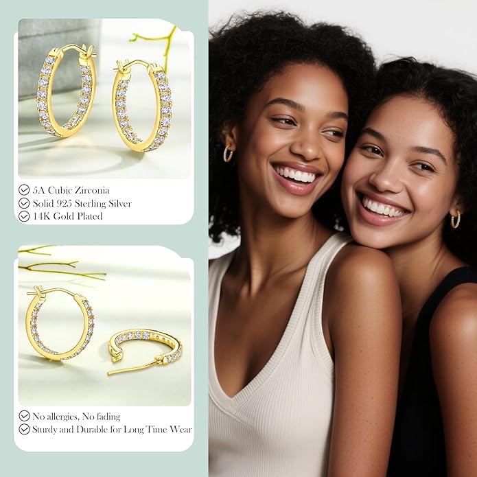 Yellow Gold Plated/925 Sterling Silver Sparkle Cubic Zirconia Hoop Earrings for Women fit Sensitive Ears 14mm/20mm/26mm Huggie/Medium/Large Hoops(with Gift Box)