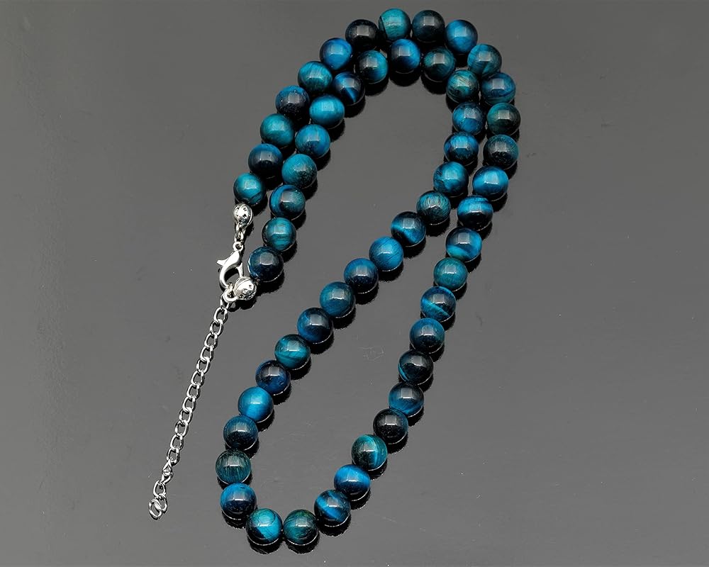 Natural Blue Tiger Eye Beaded Choker, Genuine Blue Crystal Necklace, Fancy Gemstone Choker, 8mm Beads, Unique Fashion Jewelry, Healing Crystal Necklace, Durable Stone Necklace, Capricorn Necklace