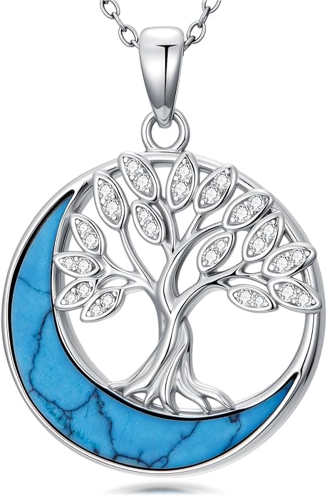 SELKAT 925 Sterling Silver Turquoise Moon Pendant Necklace for Women, Snake/Flower/Bow/Tree of Life/Star Moon Necklace, Dainty Jewelry for Daily Wear & Gifts