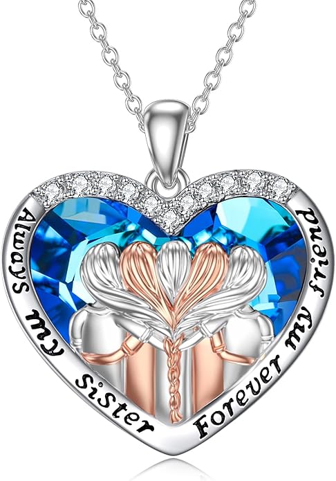 POPKIMI 925 Sterling Silver Sister Necklace - Birthday Gift for Sisters, Mom, Daughter - Always My Sister Forever My Friend Crystal Necklace for 2/3/4/5 Sisters