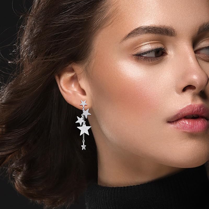 Silver Sparkly Star Drop Earrings Long Tassel Stud Earrings for Women Star Jewelry