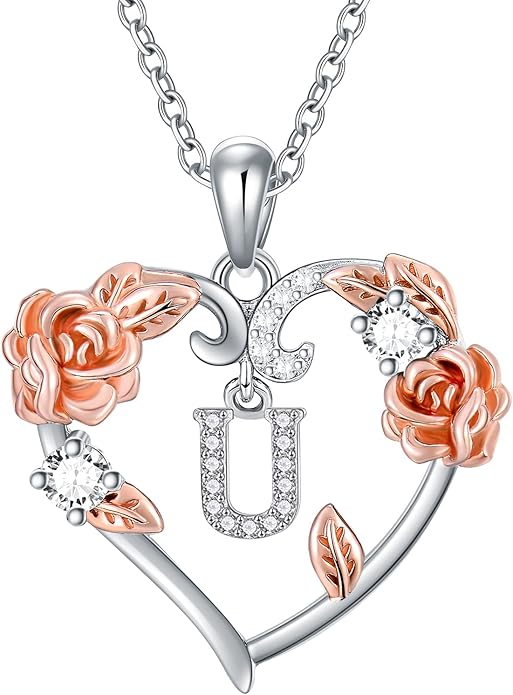 AOBOCO Rose Heart Necklaces Valentines Gifts for Women, 925 Sterling Silver Rose Love Heart Initial Letter Pendant Necklace Jewelry Mothers Day Christmas Birthday Gifts for Her Mom Wife Girlfriend